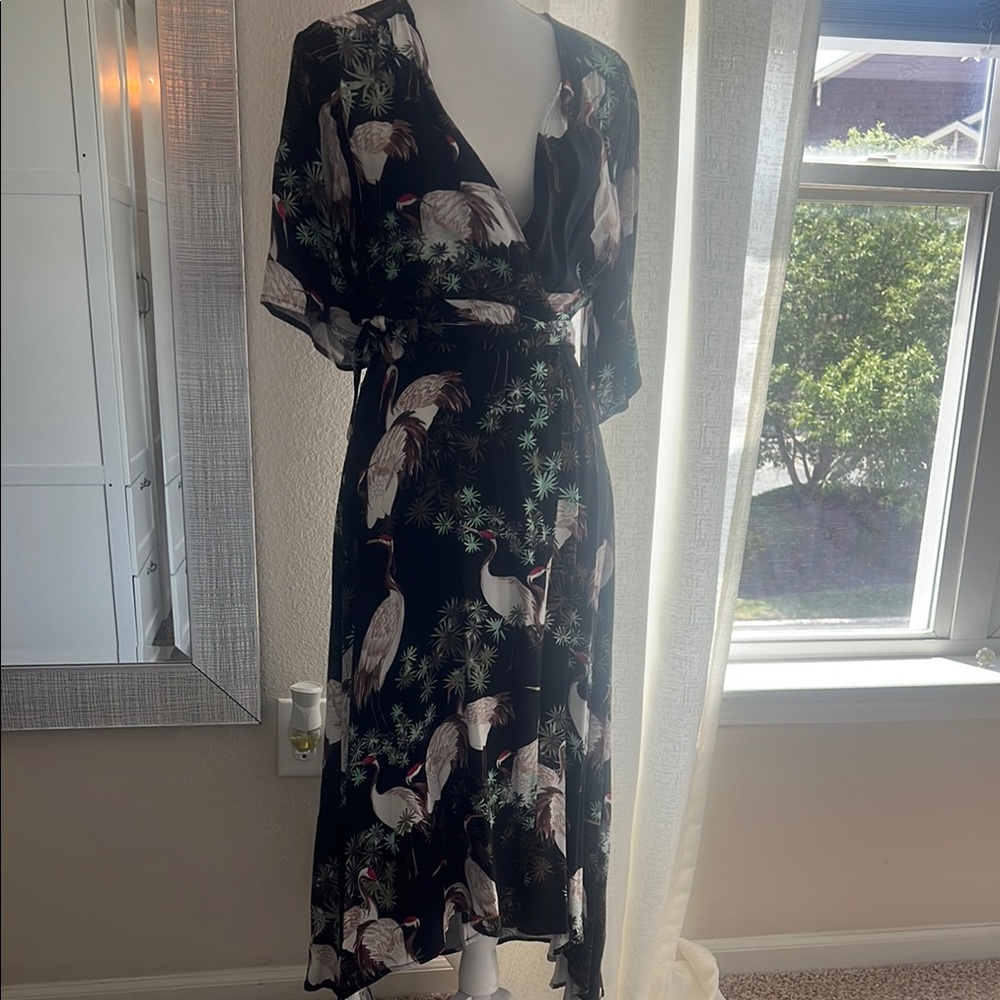Zara Black Midi Wrap Dress with Bird Print